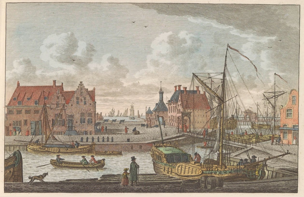 Harlingenin satamaportti, noin 1790 De Haven Poort Harlingenissa / Vue de la porte au port à harlingen - premier port dela Frise (otsikko esineessä) tekijältä Carel Frederik Bendorp (I)