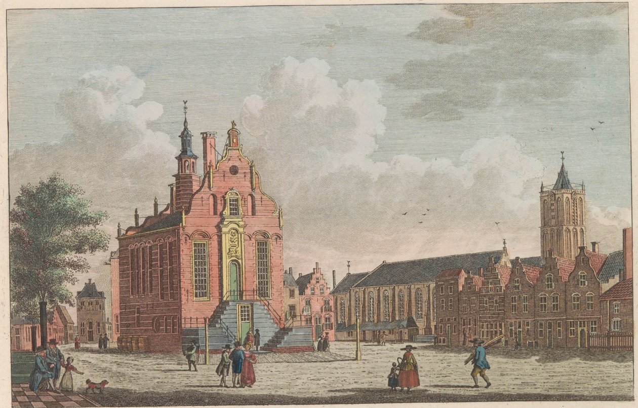 Schiedamin markkinat ja kaupungintalo, noin 1790 Markkinat ja kaupungintalo Schiedamissa / Marché et hotel de ville à Schiedam (otsikko esineessä) tekijältä Carel Frederik Bendorp (I)