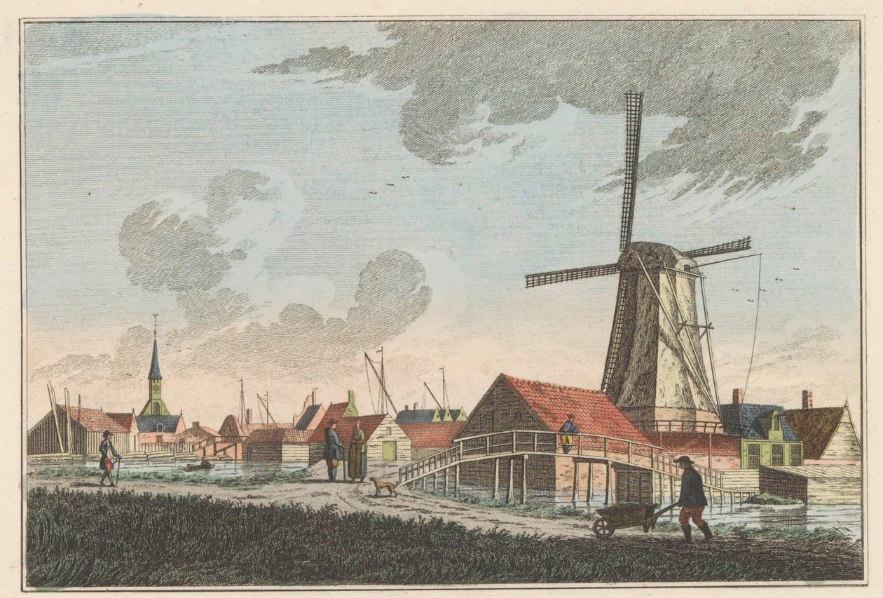 Nieuwendam, noin 1790 Nieuwendam. Länteen, näkyy Meerdijkistä (otsikko esineessä) tekijältä Carel Frederik Bendorp (I)
