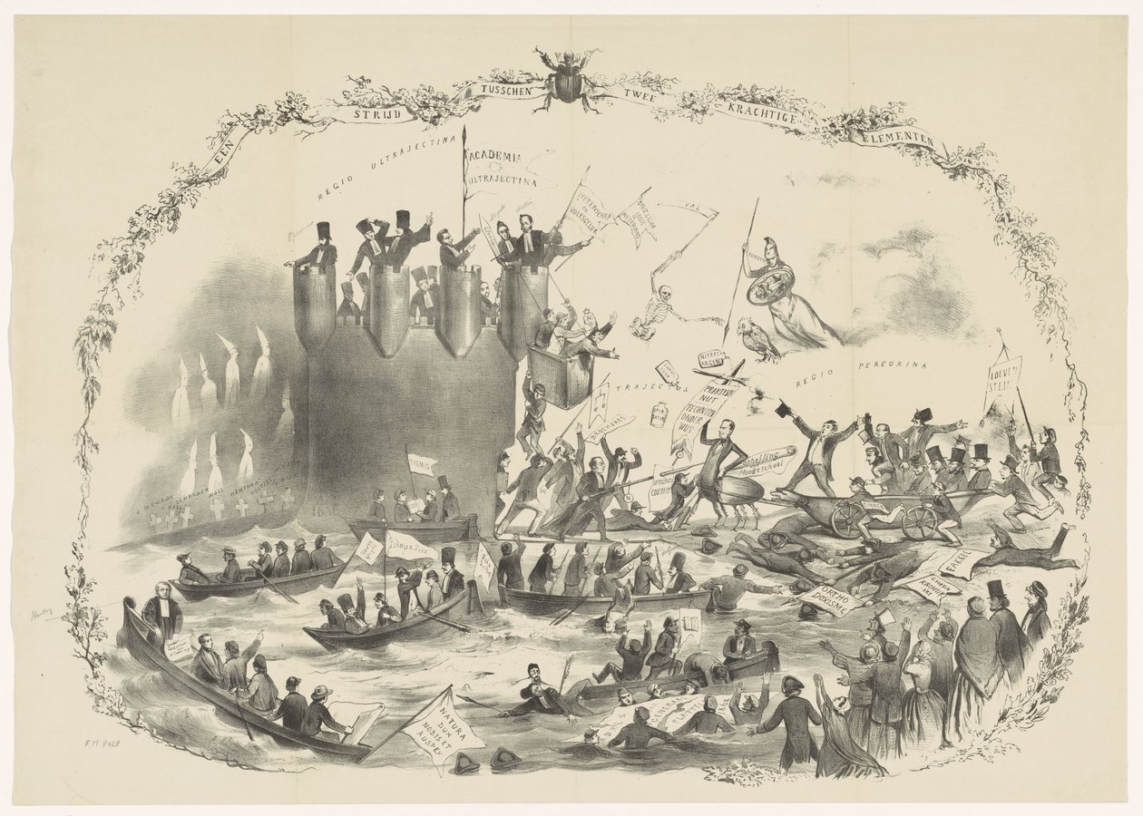 Sarjakuva Thorbecken suunnitelmista lakkauttaa Utrechtin ammattikorkeakoulu, 1863 Taistelu kahden voimakkaan elementin välillä (otsikko esineessä) tekijältä Carel Hendrik Thiebout