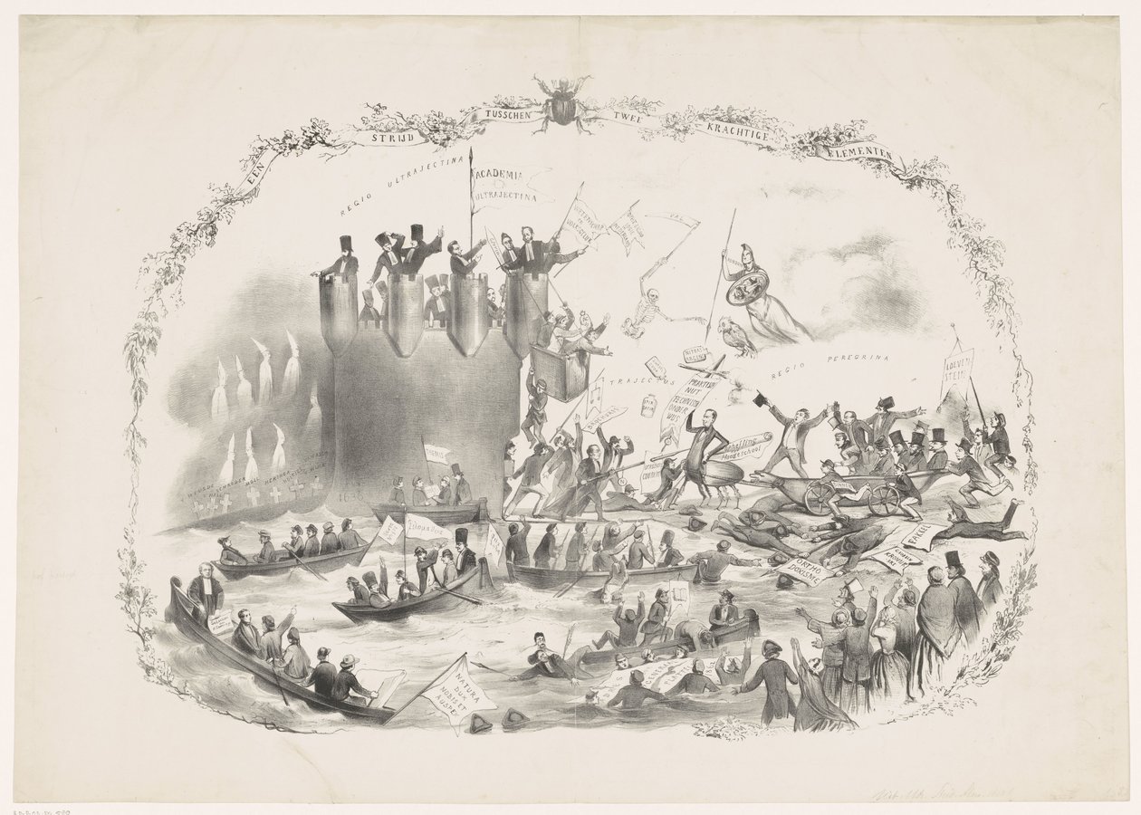 Sarjakuva Thorbecken suunnitelmista lakkauttaa Utrechtin ammattikorkeakoulu, 1863 Taistelu kahden voimakkaan elementin välillä (otsikko esineessä) tekijältä Carel Hendrik Thiebout