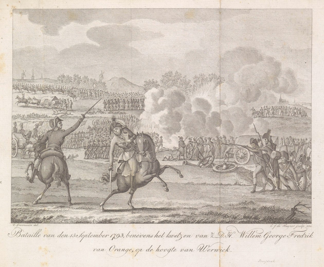 Prinssi Frederik haavoittuu Wervikissä vuonna 1793 Bataille 13. syyskuuta 1793, lisäksi H.D.H. Willem George Fredrik of Orange, Werwickin rinnalla (otsikko esineessä) tekijältä Carel Jacob de Huyser