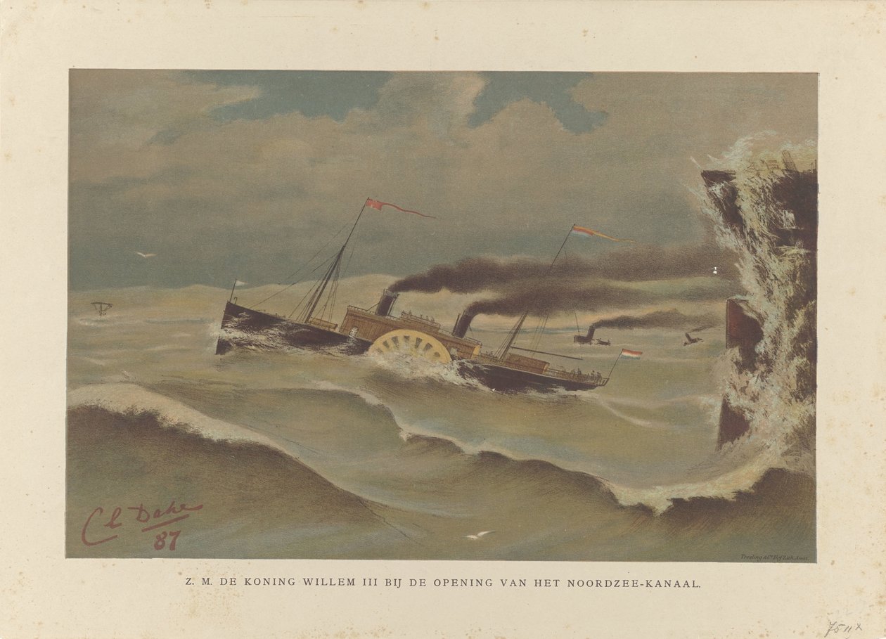 Laivaa Willem III Pohjanmeren kanavan avauksessa vuonna 1876 H.M. de Koning Willem III Pohjanmeren kanavan avauksessa (otsikko esineessä) tekijältä Carel Lodewijk Dake