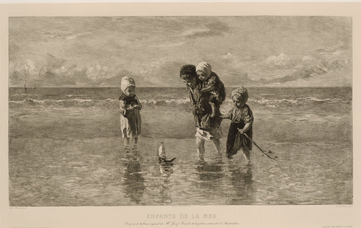 Neljä lasta leikkii leluveneellä rannalla matalassa merivedessä Meren lapset Enfants de la mer (nimi esineessä) tekijältä Carel Lodewijk Dake