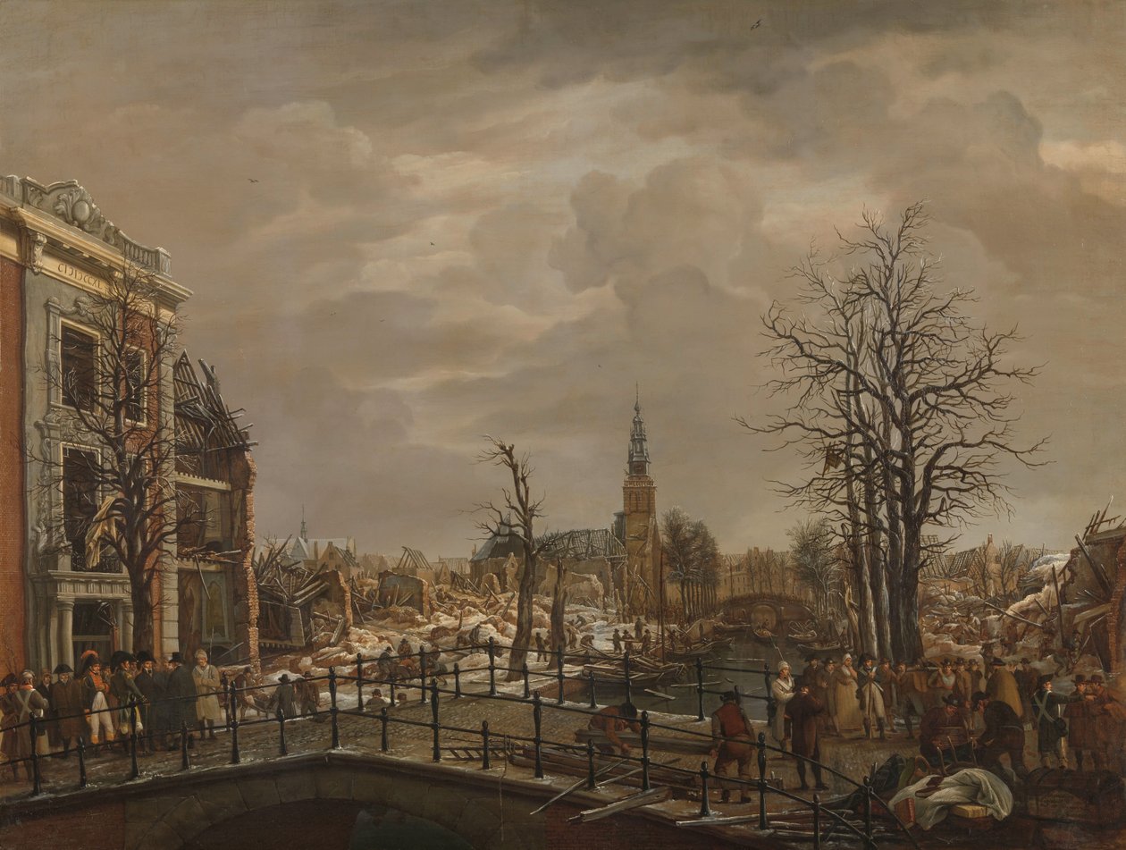 Rapenburg Leidenissä Rapenburg, Leiden, kolme päivää jauhelaivan räjähdyksen jälkeen 12. tammikuuta 1807 tekijältä Carel Lodewijk Hansen (signed by artist)