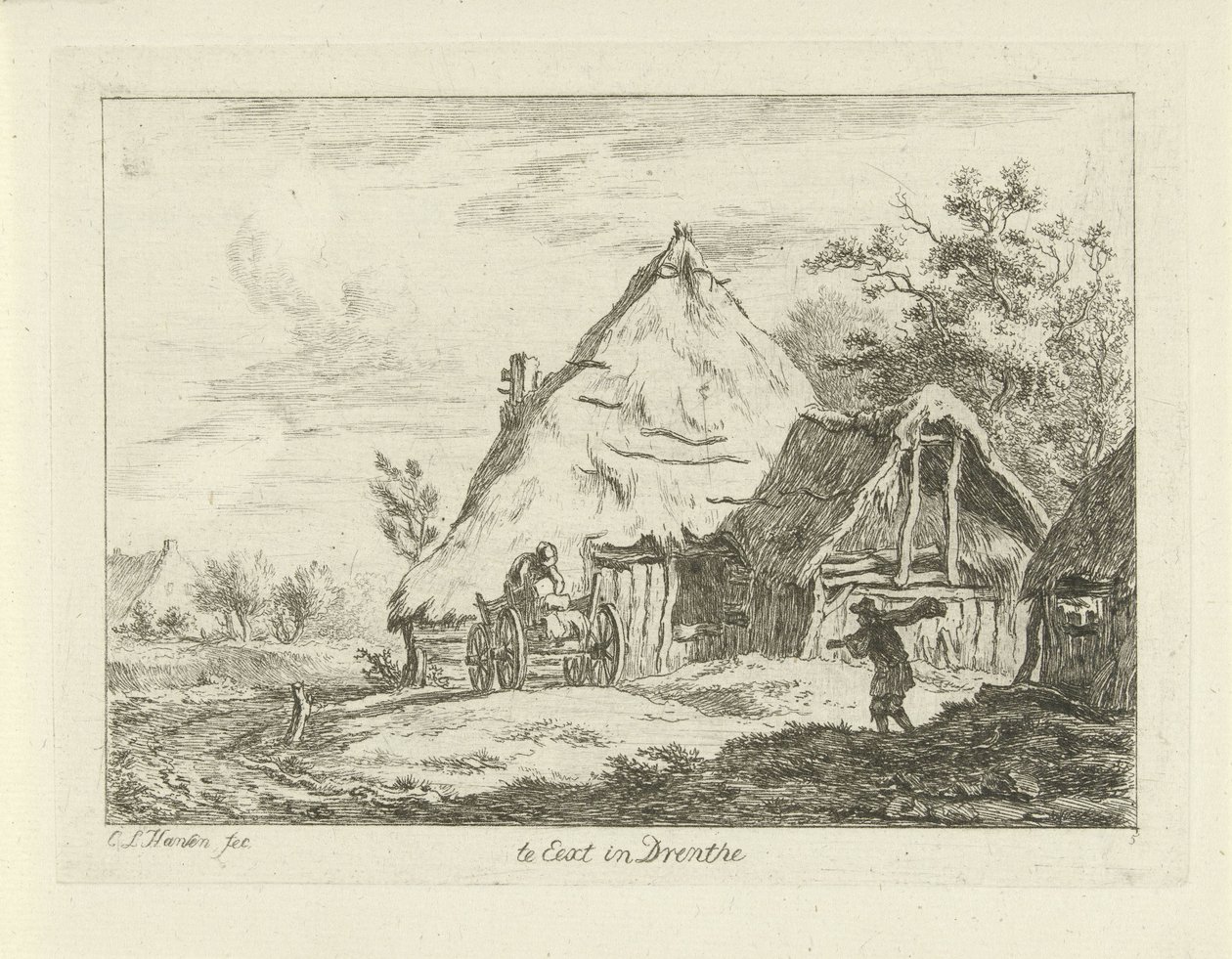 Kärry maatilalle Te Eext in Drenthe (otsikko esineessä) Maisemat (1-6) (sarjan nimi) tekijältä Carel Lodewijk Hansen