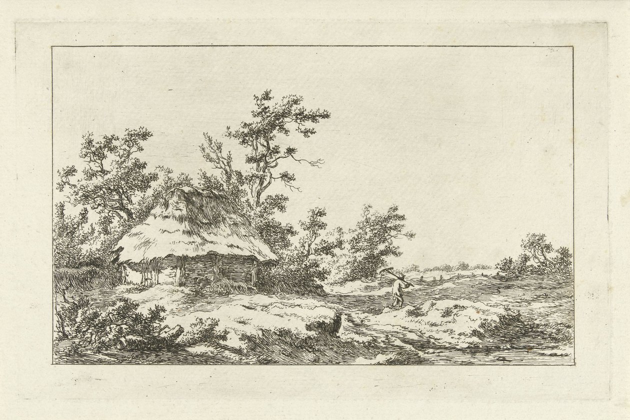 Home amb un rasclet en un graner Paisatges (A-F) (títol de la sèrie) acabat tekijältä Carel Lodewijk Hansen