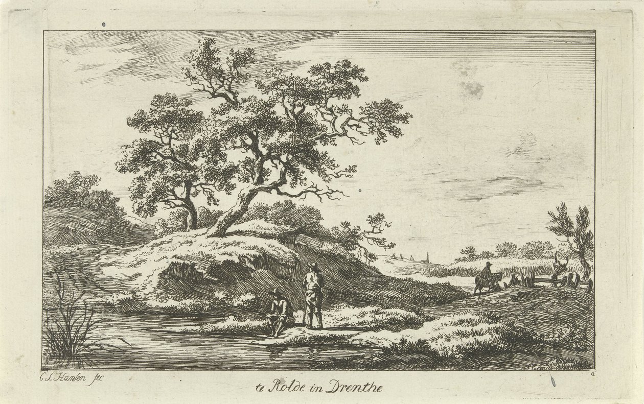 Rantamatkailijat Te Rolde in Drenthe (otsikko esineessä) Maisemat (a-f) (sarjan nimi) tekijältä Carel Lodewijk Hansen