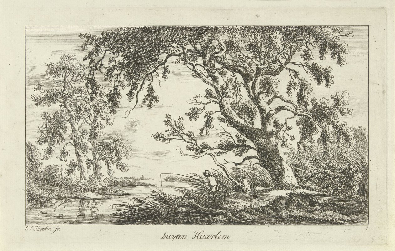 Kalastaja jokimaisemassa Buyten Haarlem (otsikko esineessä) Maisemat (a-f) (sarjan nimi) tekijältä Carel Lodewijk Hansen