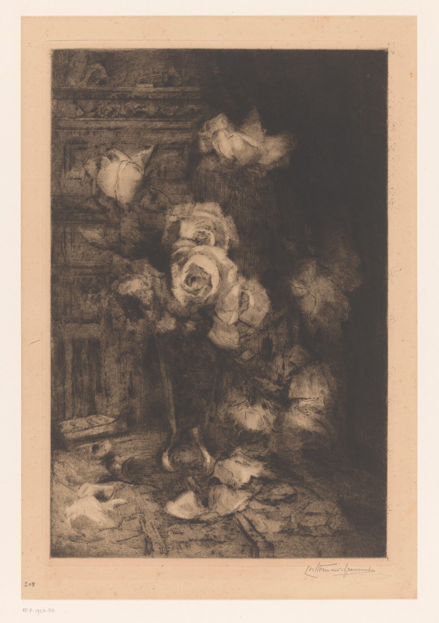 Maljakko ruusuilla pöydällä Fleurs (alkuperäinen nimi) tekijältä Carel Nicolaas Storm van 