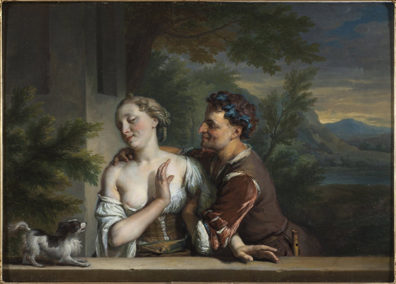 Mies, joka yrittää syleillä naista, kirjoittanut Carel (Charles) de Moor (1656-1738). Öljy kankaalle. Koko: 33,5 x 47 cm. Tukholman kansallismuseo tekijältä Carel De Moor