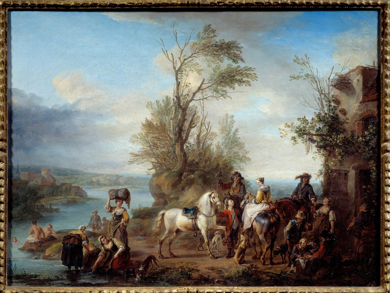 Mene metsästämään Lavandieresia ja uimaan joen rannoilla. Carel van Falensin (1683-1733) maalaus 1726 su. 0,45x0,6 m tekijältä Carel van Falens or Valens