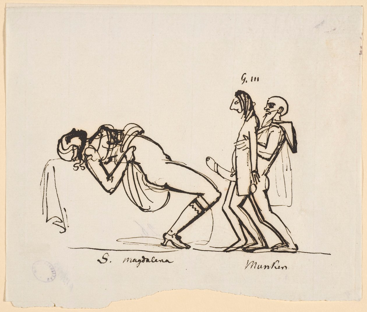 Karikatyyri Kustaa III:n yrityksestä tuottaa perillinen.  Adolf Fredrick Munck avustaa Kustaa Kustaa III:a ensimmäisessä yhdynnässä Sofia Magdaleenan kanssa (Carl August Ehrensvärd, n. 1770-luku). tekijältä Carl August Ehrensvärd