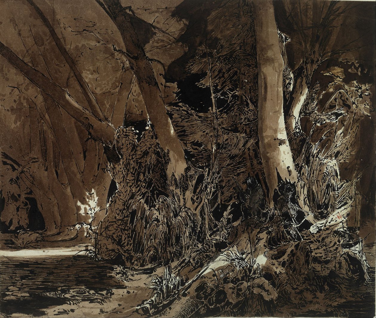 Metsämaisema, jossa virtaava vesi ja kaksi metsästäjää tekijältä Carl Blechen