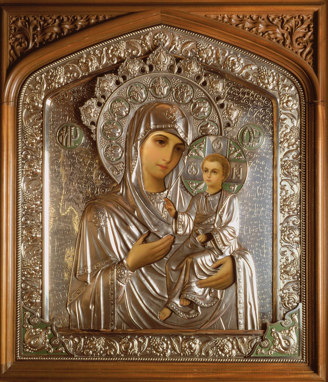 Neitsyt Marian ja Jeesus-lapsen ikoni, 1908 (öljy kartongille ja hopealle). tekijältä Carl Fabergé