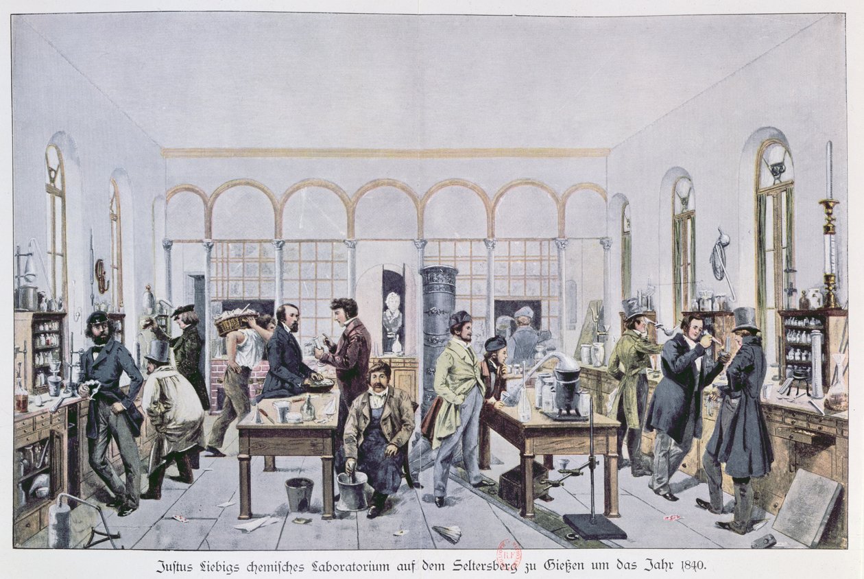Näkymä paroni Justus von Liebigin (1803-73) kemian laboratoriosta Giessenissä noin vuonna 1840. tekijältä Carl Friedrich Wilhelm Trautschold