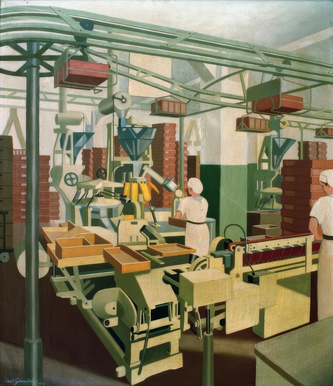 Maschinensaal mit zwei Mädchen bei der Arbeit tekijältä Carl Grossberg