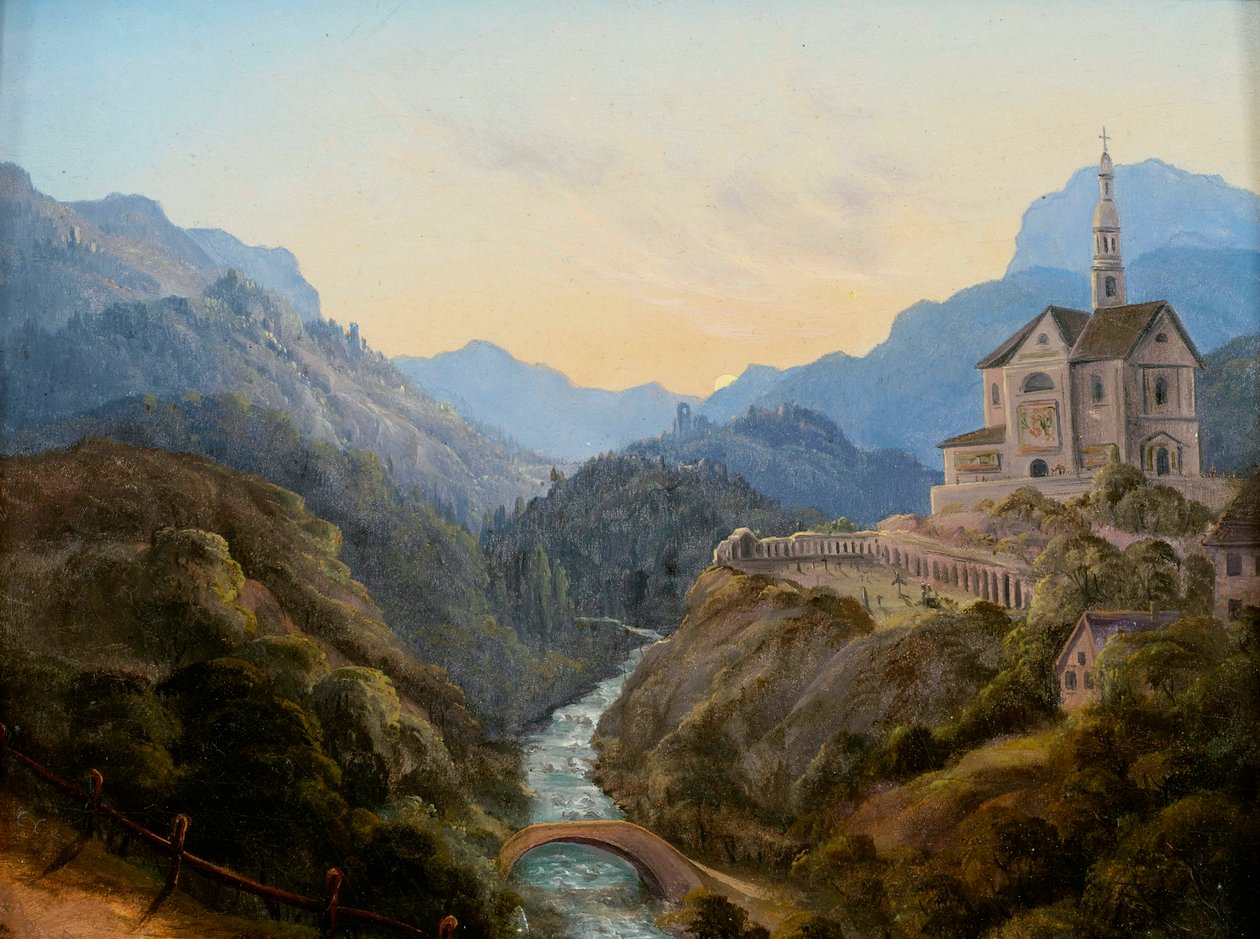 Abendliche Gebirgslandschaft mit Flusstal und Klosteranlage tekijältä Carl Gustav Carus