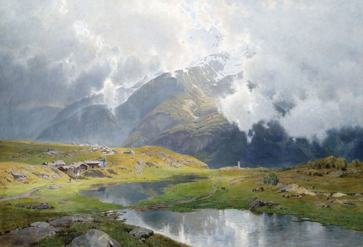 Wolkenverhangene Hochgebirgslandschaft tekijältä Carl Julius E. Ludwig