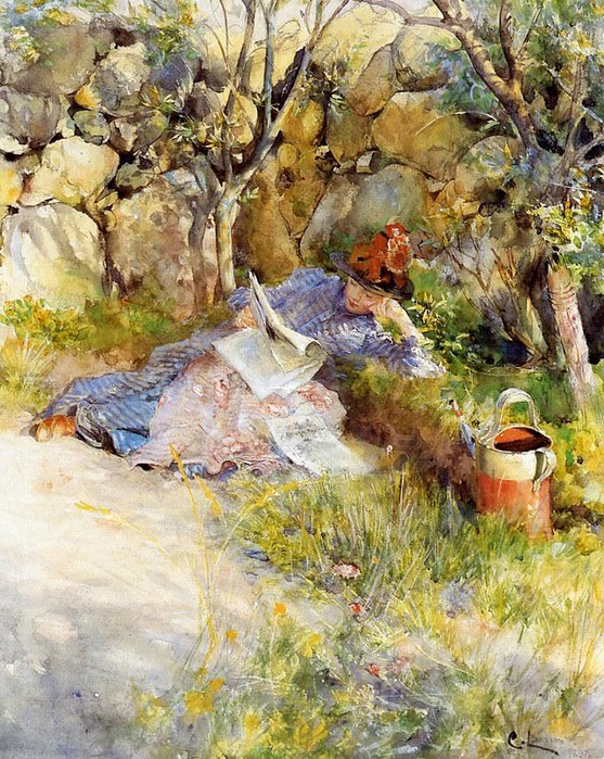 Nainen lukee sanomalehteä tekijältä Carl Larsson