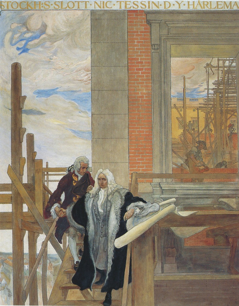 En av Nationalmuseifreskerna visande Slottsbygget tekijältä Carl Larsson