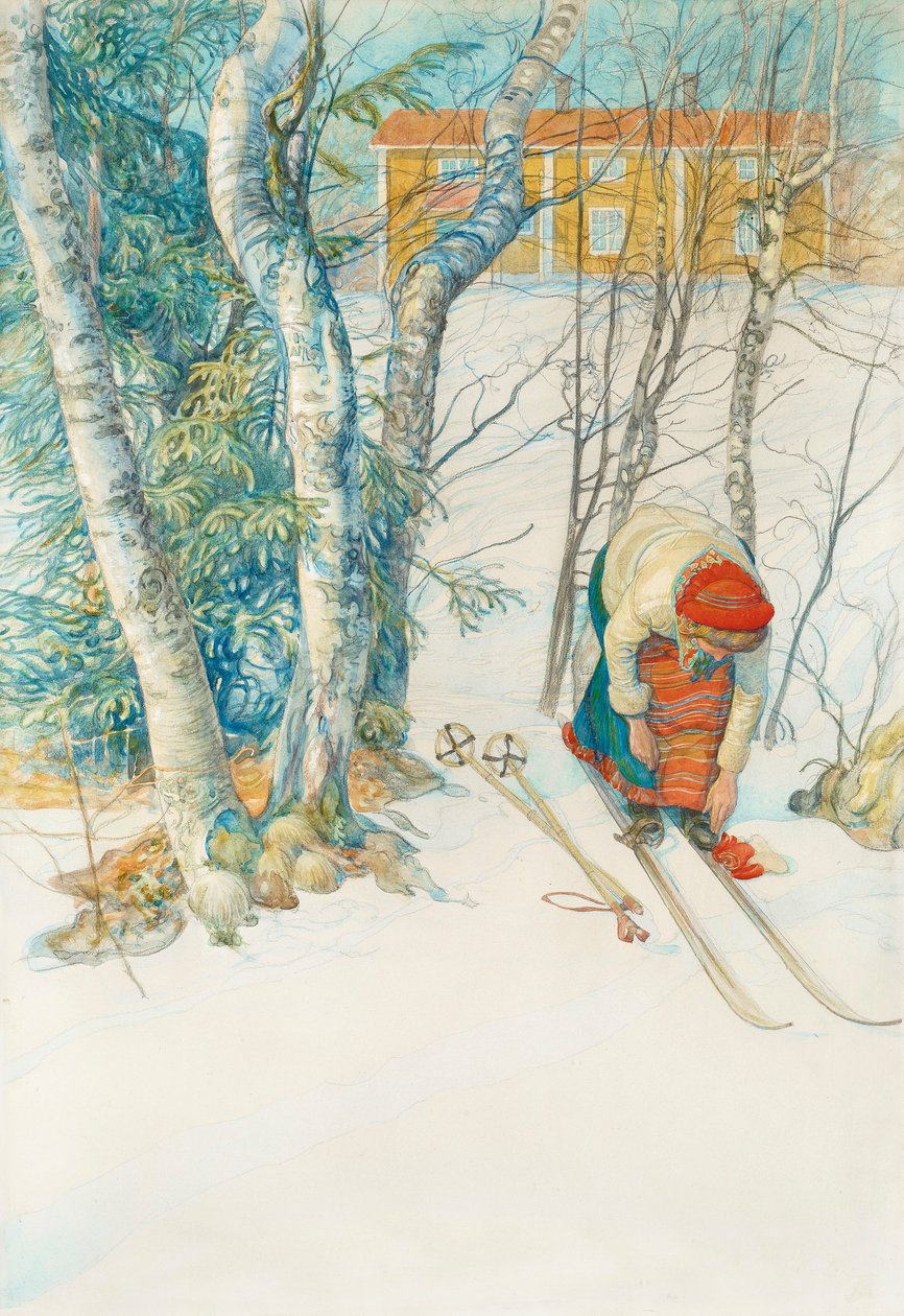 Flicka spänner på sig skidorna tekijältä Carl Larsson