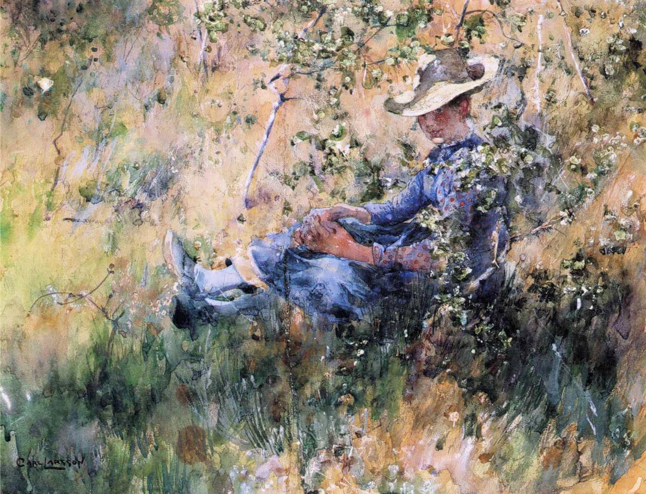 Tyttö kukkivan orapihlajan pensaasta tekijältä Carl Larsson