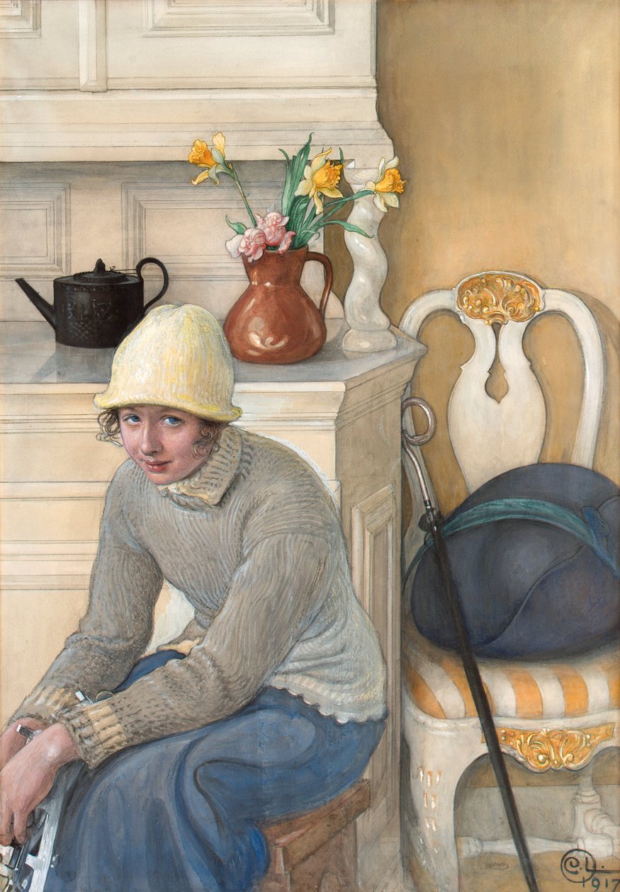 Tyttö luistimilla, sisustus koulun taloudesta, Falun 1917 tekijältä Carl Larsson