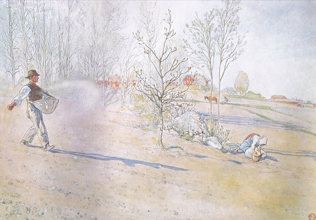 Johan kantoi kauraa isossa avonaisessa pussissa, joka oli kiinnitetty hihnoilla - tekijältä Carl Larsson