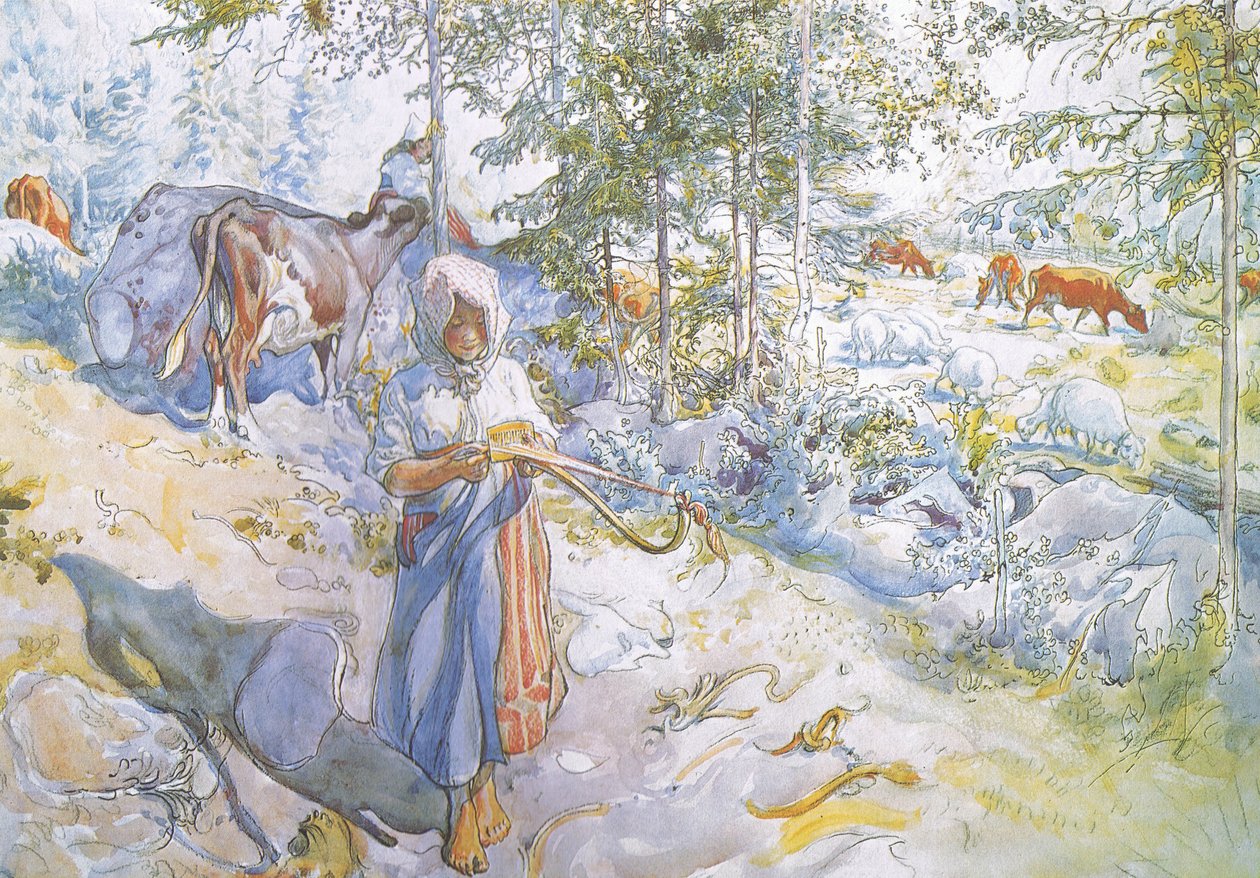 Viimeisenä tuli pikku Kertsi pajunoksalla ajamaan lehmiä tekijältä Carl Larsson