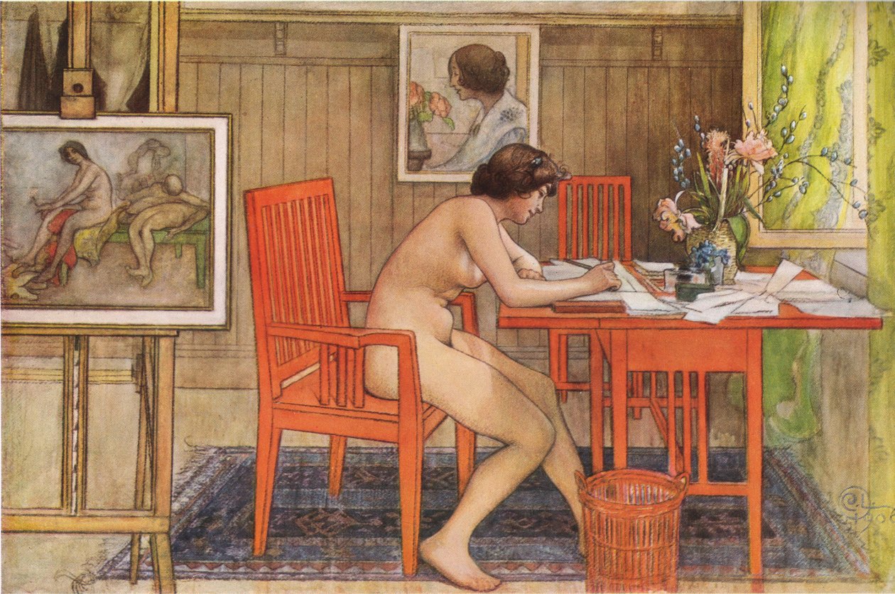 Malli kirjoittaa postikortteja tekijältä Carl Larsson