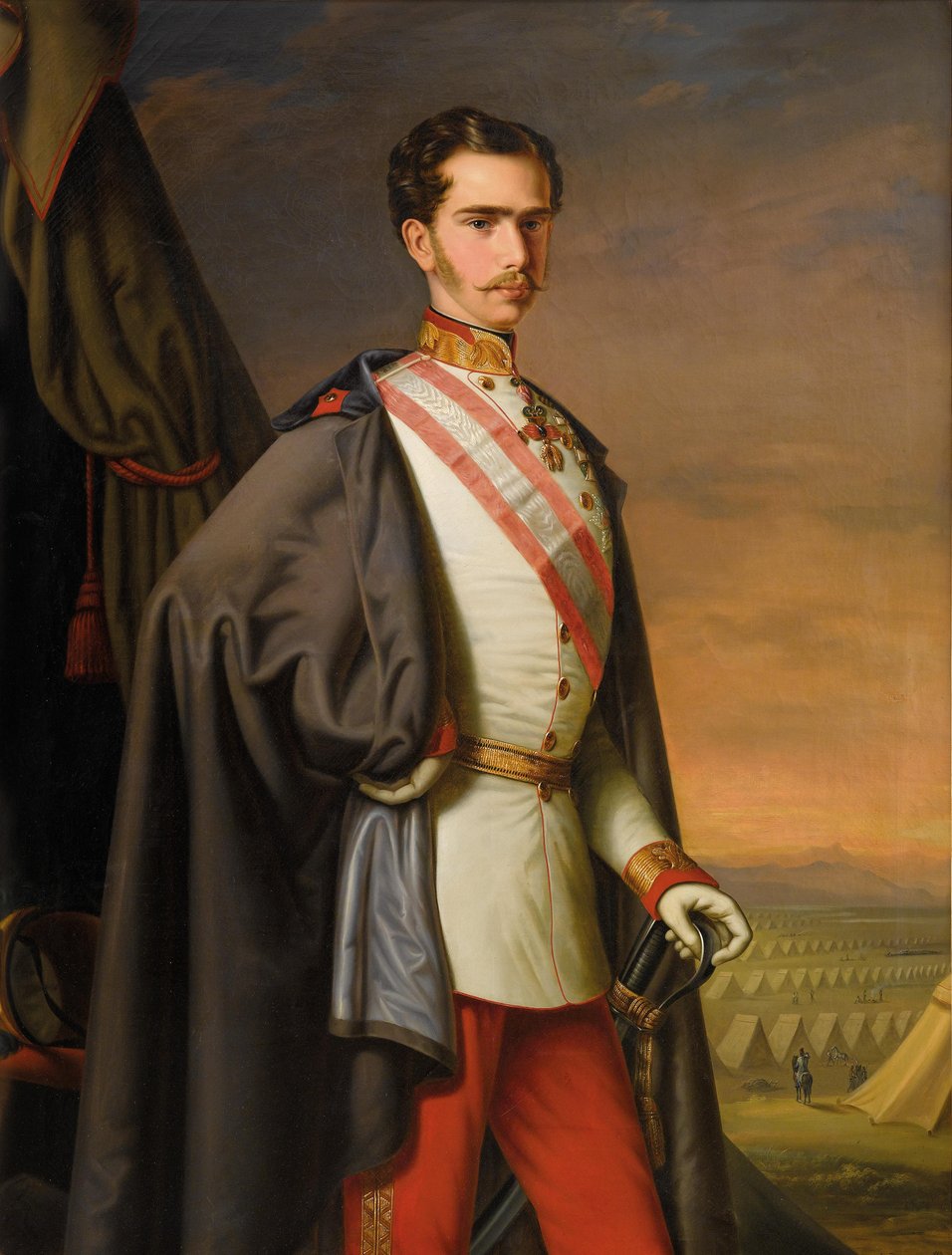 Kaiser Franz Joseph von Österreich in Uniform hahmona Feldmarschall, im Hintergrund ein Feldlager tekijältä Carl Lemmermayer