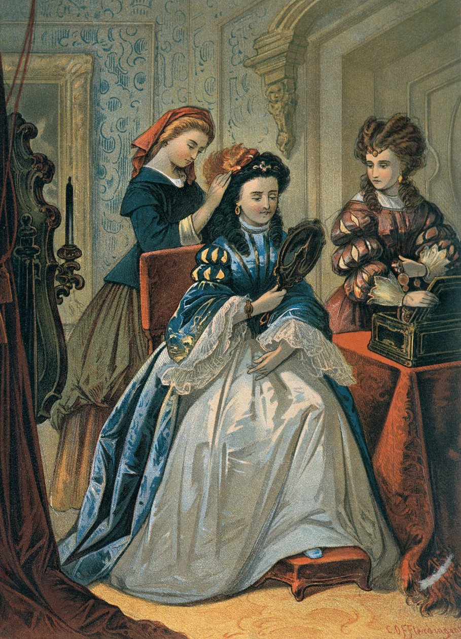 Cinderella tekee sisarustensa hiuksia palloa varten, kuvitus Charles Perraultin (1628-1703) "Cinderella" (värikaiverrus) tekijältä Carl Offterdinger