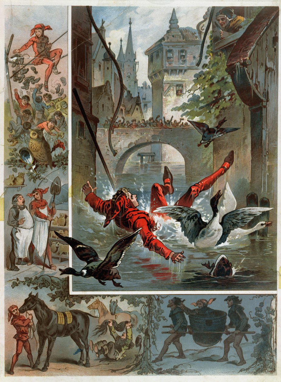 Kuvitus Richard Straussin (1864-1949) Till Eulenspiegelin tarinaan n. 1860-80 tekijältä Carl Offterdinger