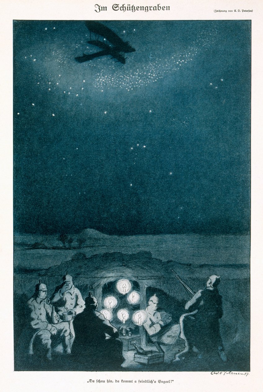 In the Trenches, kuvitus saksalaisesta Simplicissimus-lehdestä, n. 1915 tekijältä Carl Olof Petersen