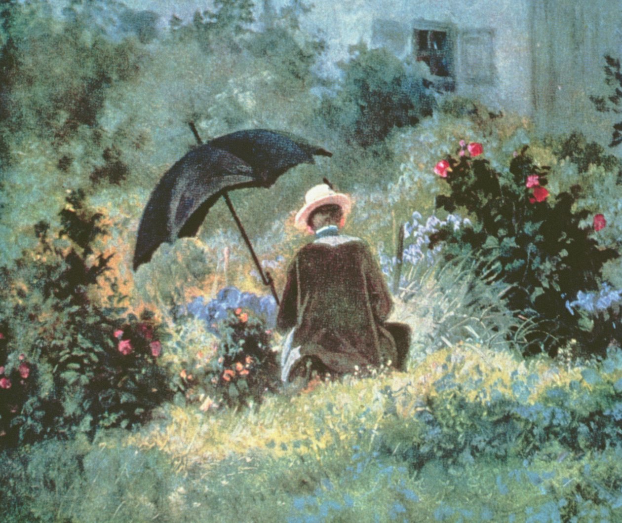 Yksityiskohta herrasmiehestä, joka lukee puutarhassa tekijältä Carl Spitzweg