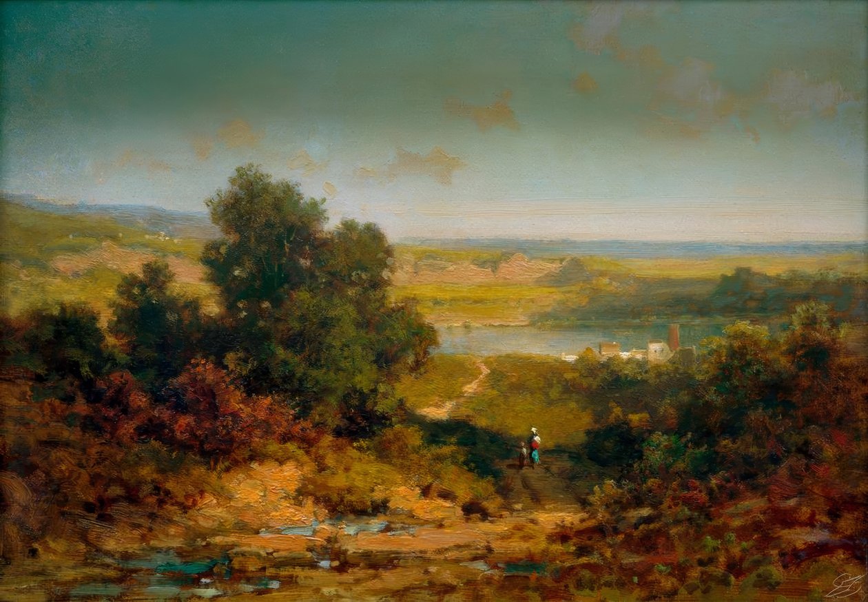 Landschaft mit Dorf und Fluß tekijältä Carl Spitzweg