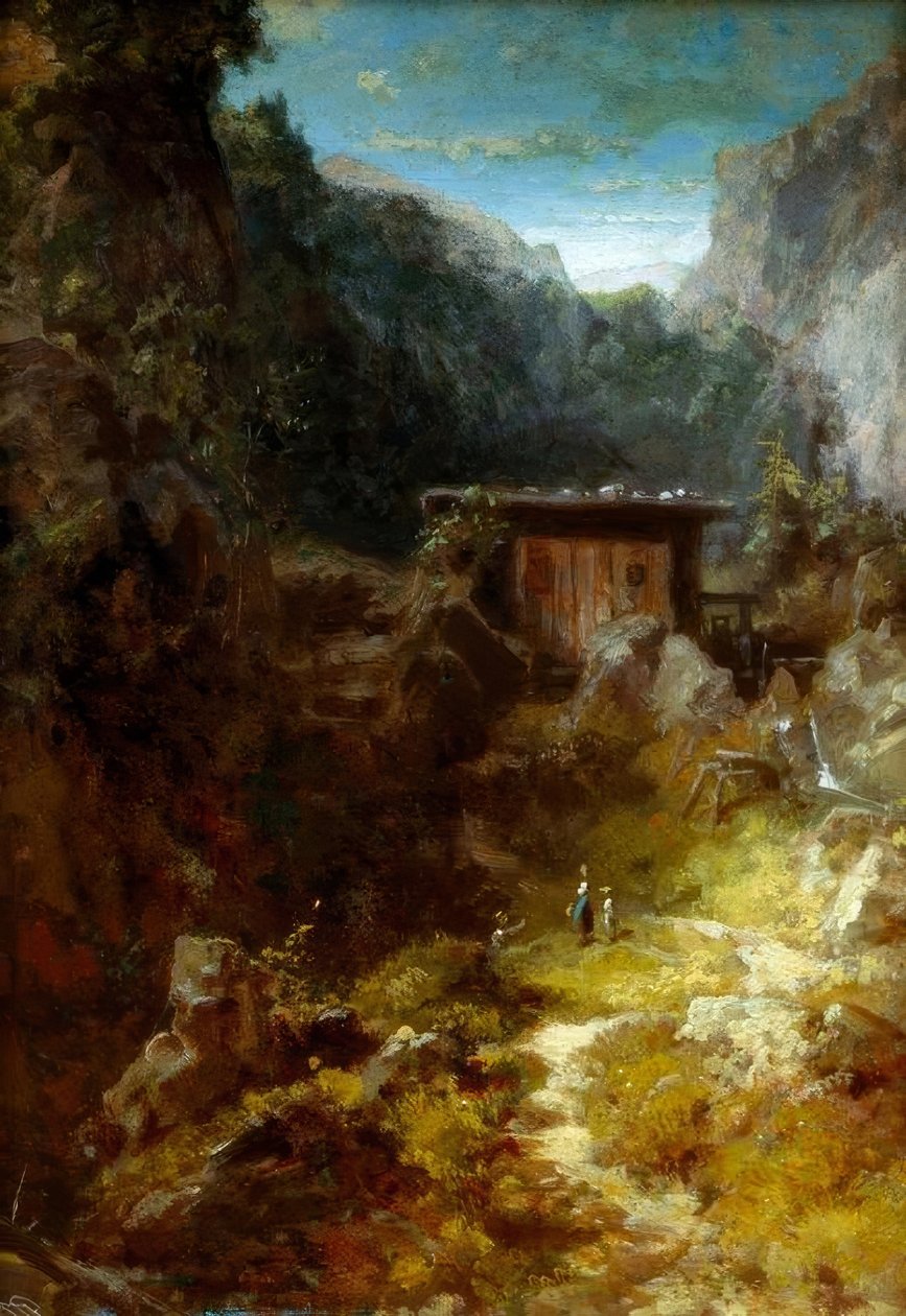 Mühle im Gebirge mit drei Figuren tekijältä Carl Spitzweg