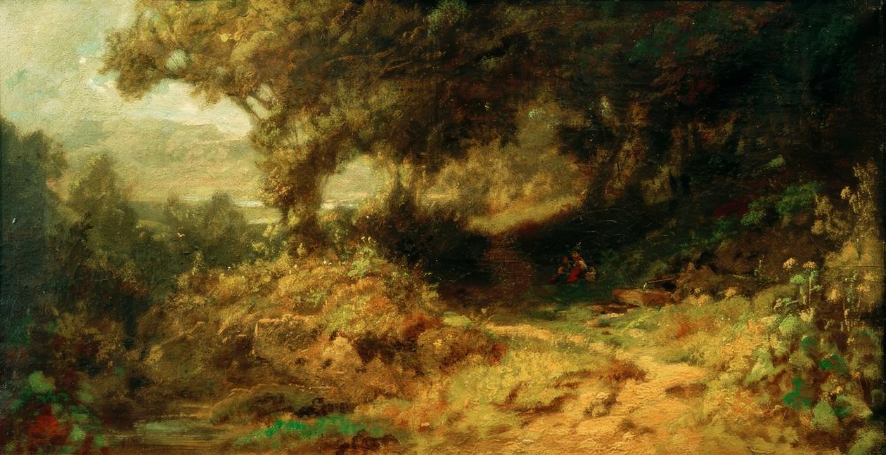 Waldlandschaft (Rastende Kinder am Brunnen) tekijältä Carl Spitzweg