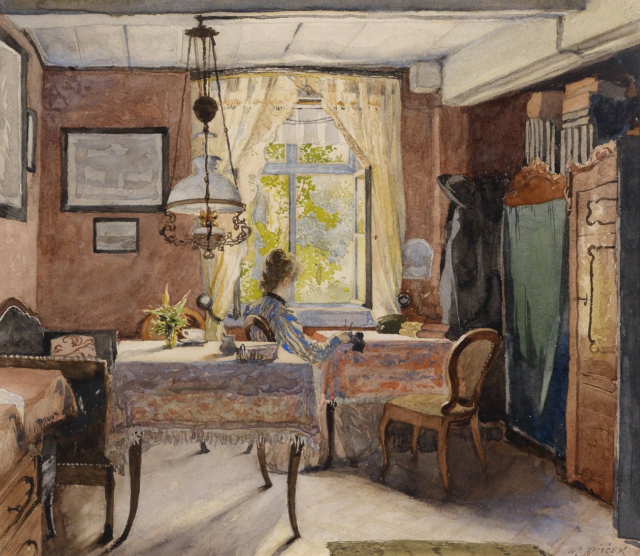 Sonniges Interieur mit einer Frau am Fenster tekijältä Carl Wenzel Zajicek