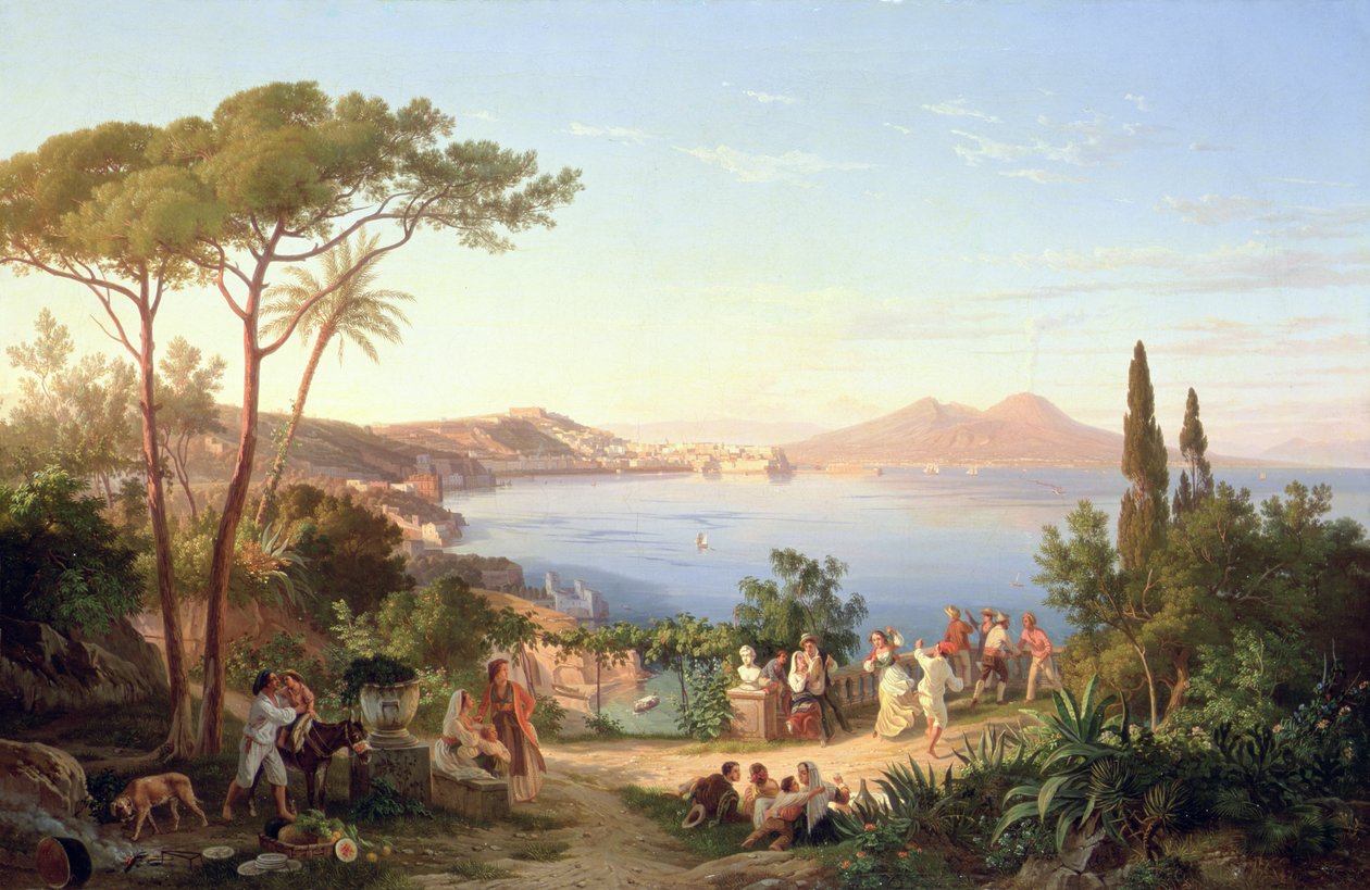 Napolinlahti tanssivien italialaisten kanssa, n. 1850 tekijältä Carl Wilhelm Goetzloff