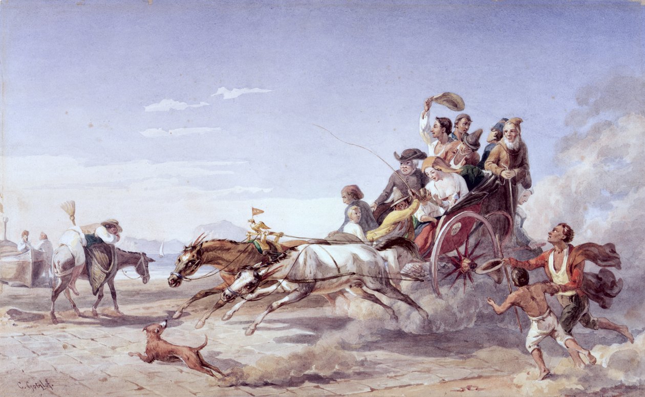 Kiihkeä napolilainen Barouche, 1828 (wc lyijykynällä perunakalvolla) tekijältä Carl Wilhelm Goetzloff