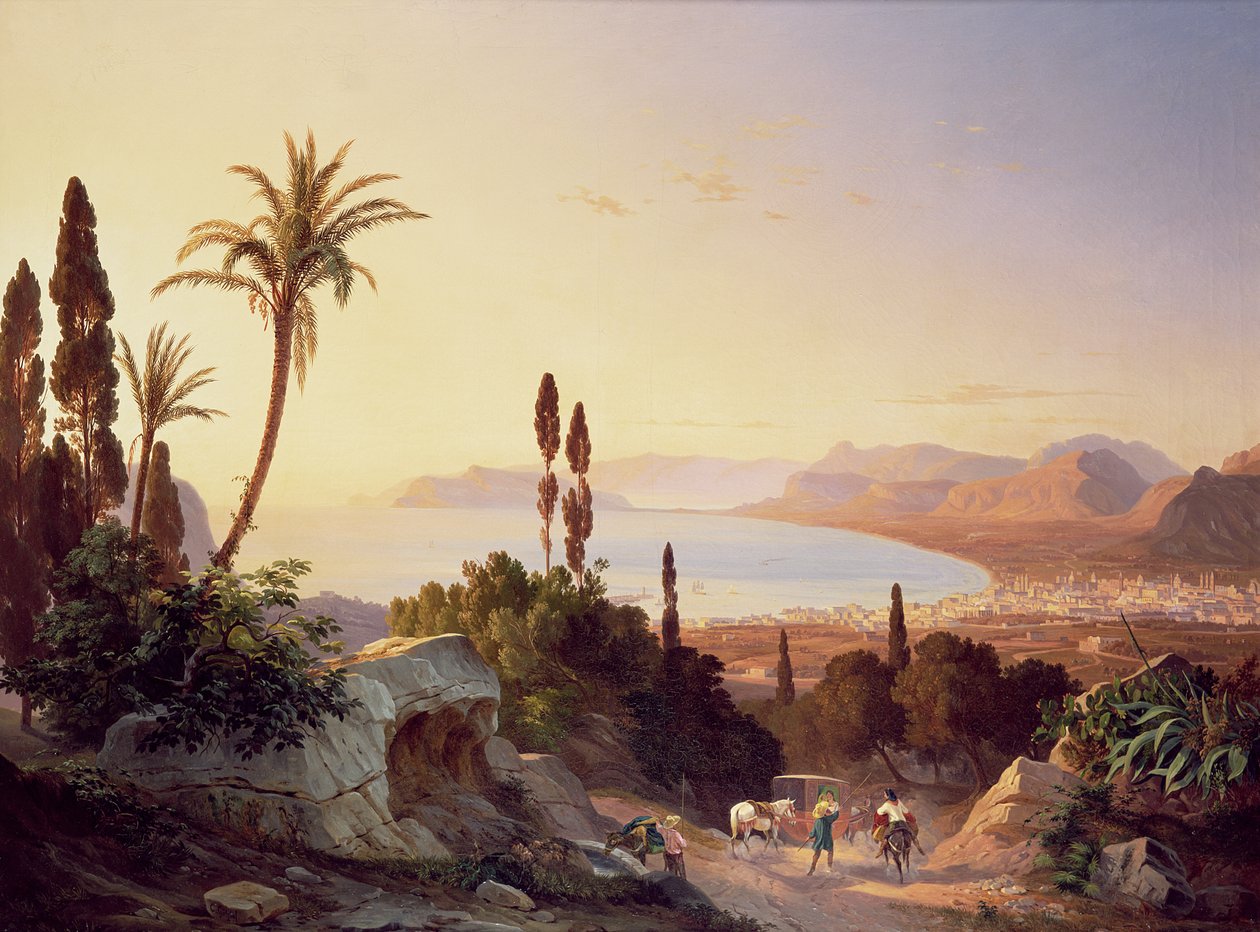 Palermonlahti, katso kohti Zafferanon niemeltä, n. 1845 tekijältä Carl Wilhelm Goetzloff