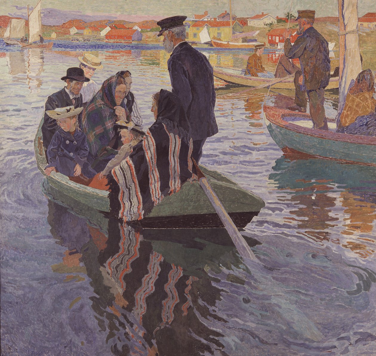 Kirkossa kävijät veneessä tekijältä Carl Wilhelm Wilhelmson