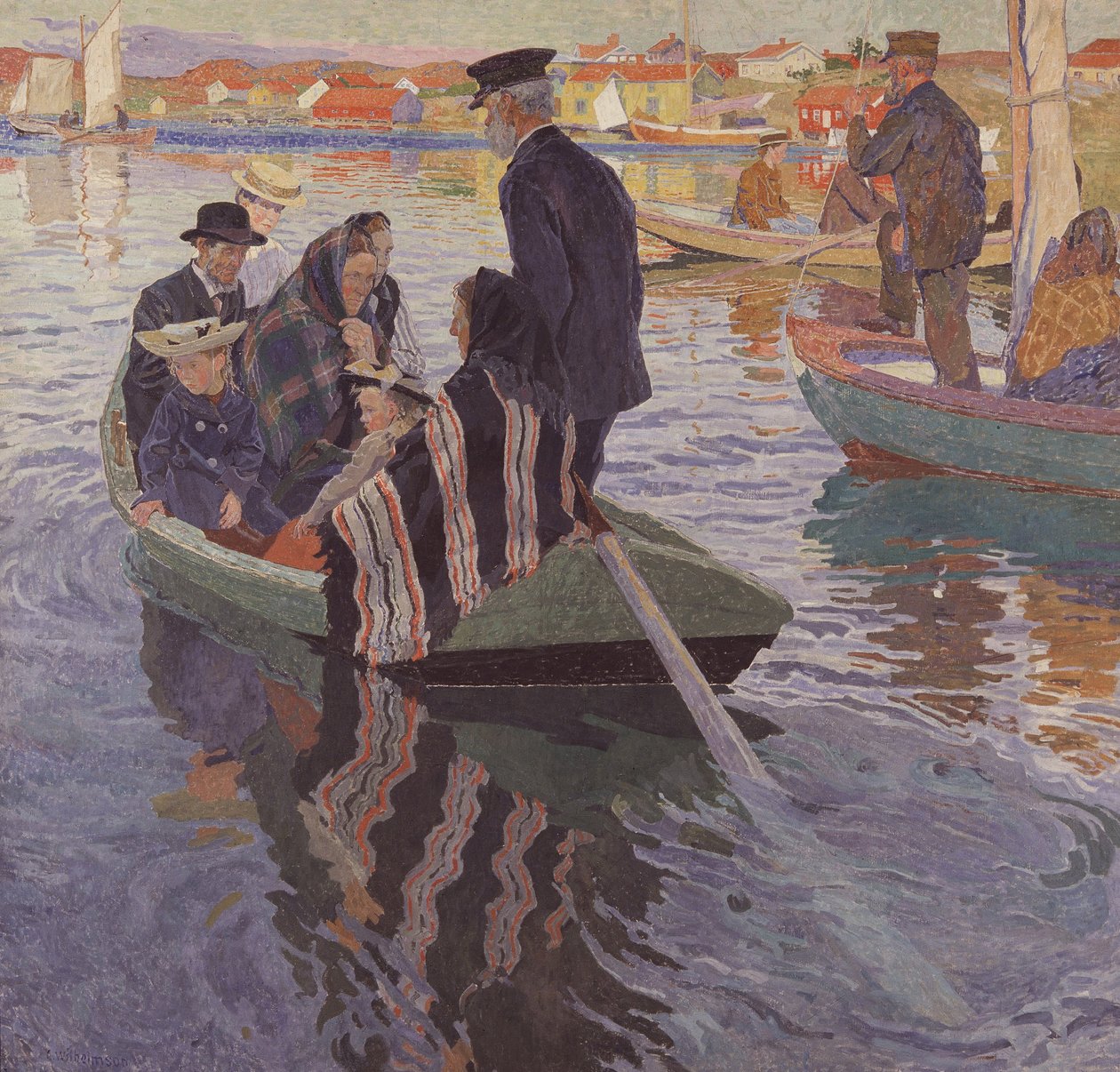Kirkon kävijät veneessä tekijältä Carl Wilhelm Wilhelmson