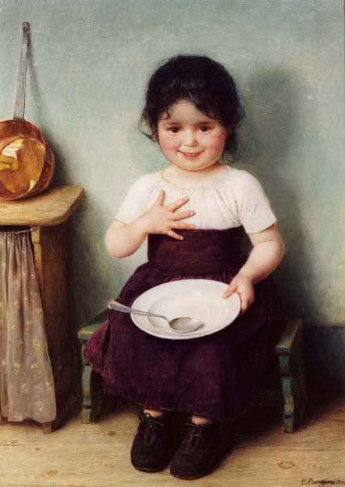 Sitzendes kleines Madchen in einem bauerlichem InterieurnEspanja: Nina en la cocina 1904, obra de Carl von BergennFrancais: Petite fille a la cuilleren tekijältä Carl von Bergen