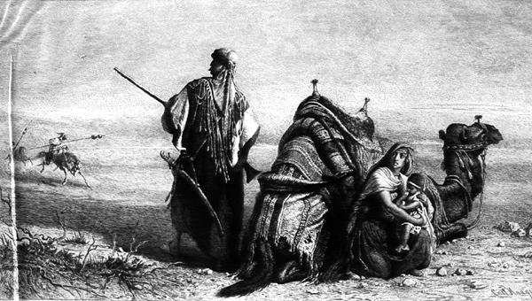 Beduiinit autiomaassa, yksi kuuden vedoksen kokoelmasta taiteilijan mukaan (kaiverrus) tekijältä Carl (after) Haag