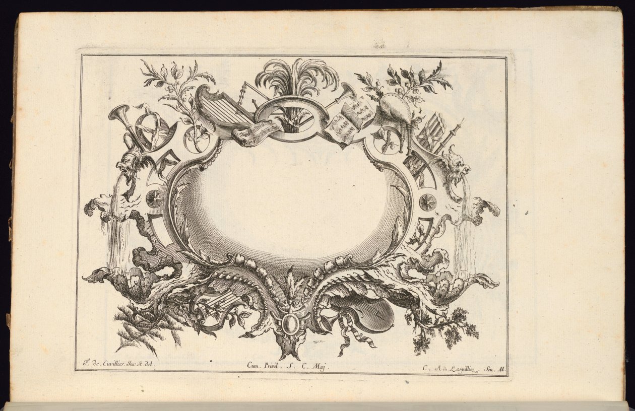 Cartouche with Musical Instruments, Livre de Cartouches Reguliers (Säännöllisten karttojen kirja) tekijältä Carl Albert von Lespilliez