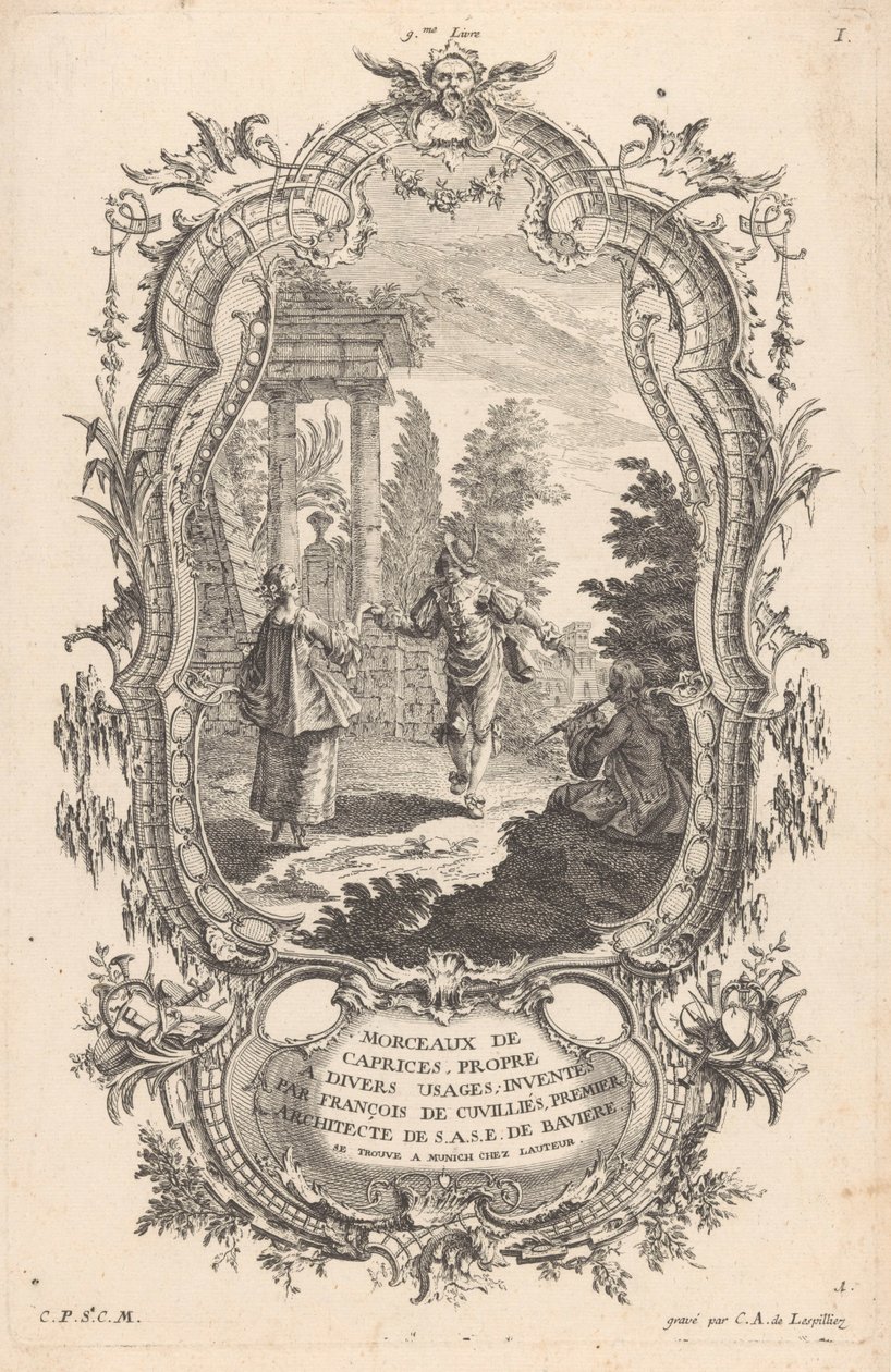 tanssiva pariskunta Figuurit maisemissa (sarjan nimi) 9me Livre I Morceaux De Caprices, Propre A Divers Usages (sarjan nimi esineessä) tekijältä Carl Albert von Lespilliez