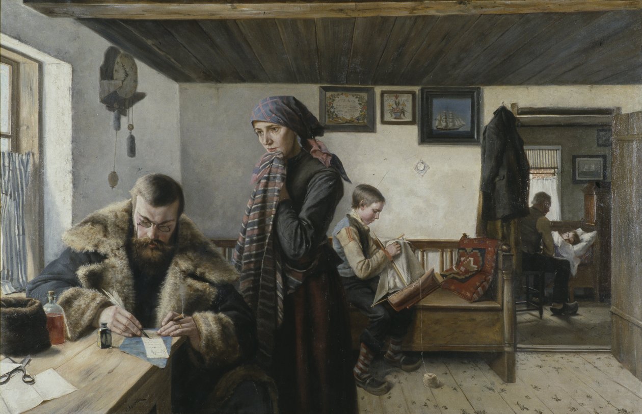 Vieraile domicile du docteurissa - Doctor Home Visit, kirjoittanut Aspelin, Karl (1857-1932). Öljy kankaalle. Mitat: 137,5 x 212 cm. Tukholman kansallismuseo tekijältä Carl Aspelin